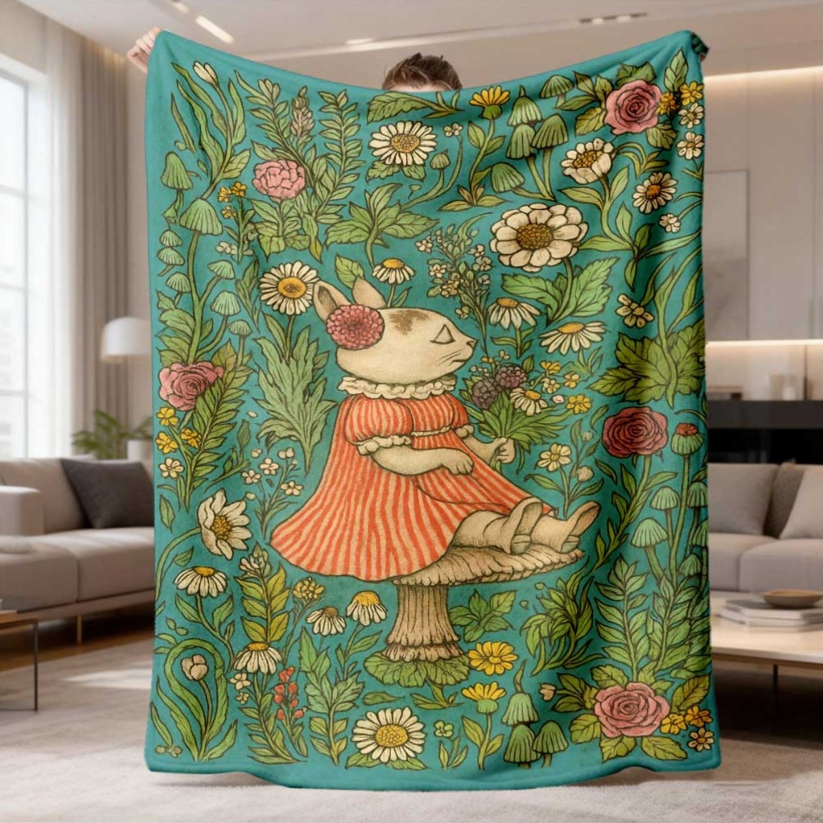 Throw Blanket Chunky Knit - Whimsical Floral Rabbit Throw Blanket 150x200cm