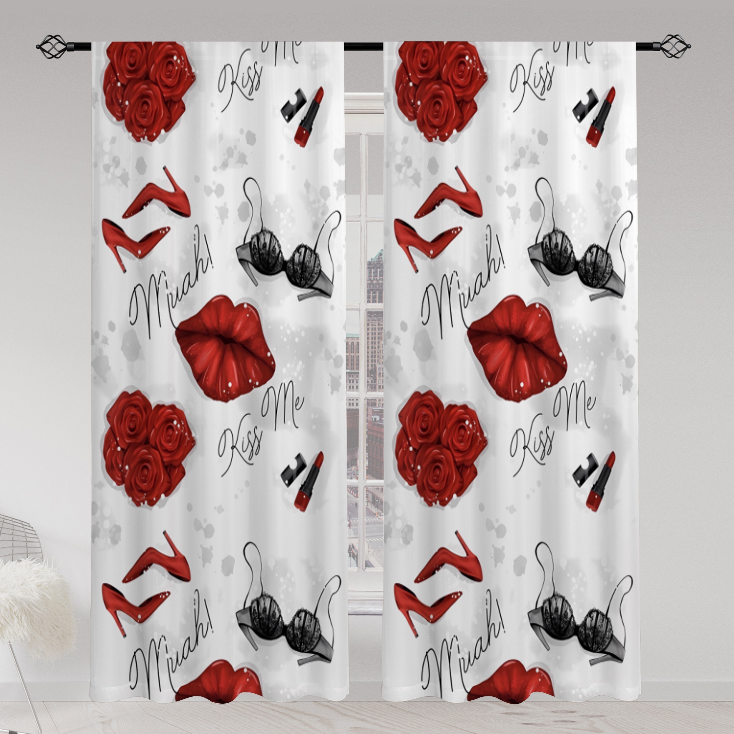 Home Textiles Luxury Curtains - Glamorous Red Rose and Kiss Mark