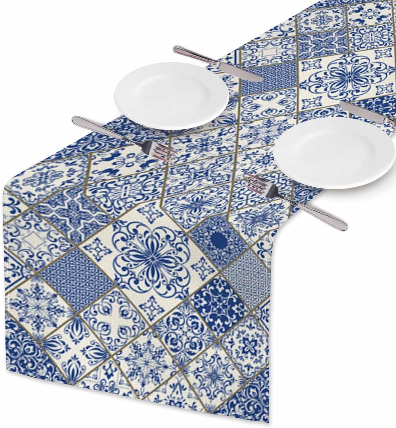 Blue White Patchwork Tile Line - Linum Home Textiles review and price