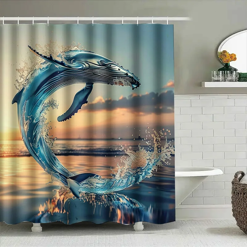 Blue Whale Print Shower Curtai - Home Textiles Luxury Curtains review and price